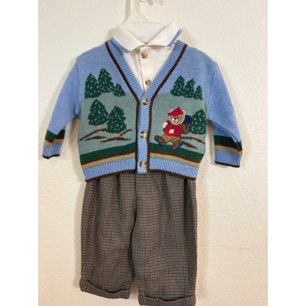 Baby‎ Togs Outfit Set Boys 3-6 Months Blue Brown Vintage 90s Bear Knit Preppy